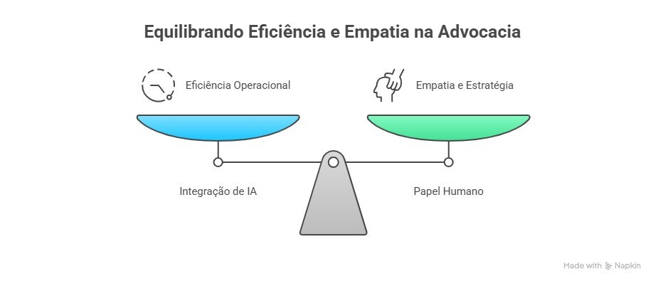 Equilíbrio entre eficiência operacional e empatia na advocacia: balança mostrando integração de IA e papel humano