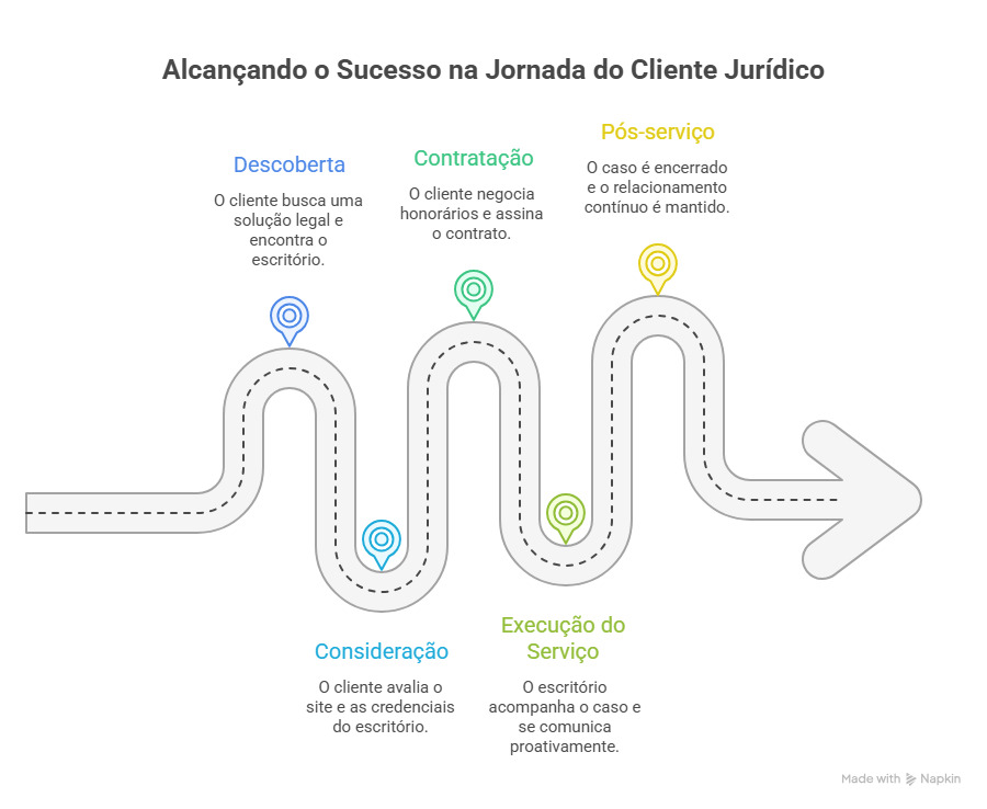 Mapa da jornada do cliente em escritório de advocacia — pontos de contato e atrito no atendimento jurídico