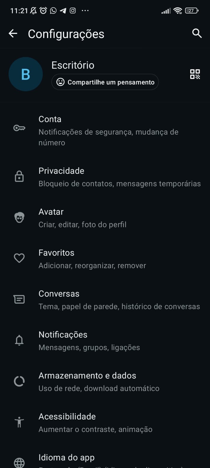 Tela de Configurações do WhatsApp Business